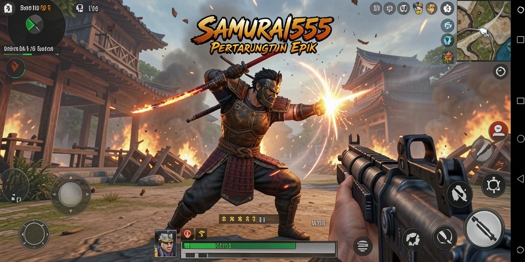 Tampilan gameplay menegangkan dari SAMURAI555 dengan aksi samurai yang intens.
