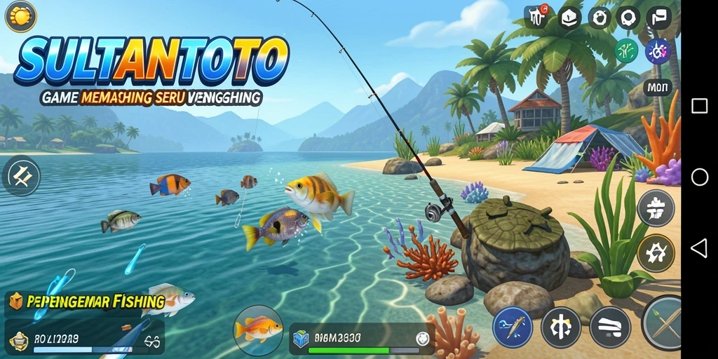 Tampilan gameplay SULTANTOTO menampilkan keseruan memancing di laut.